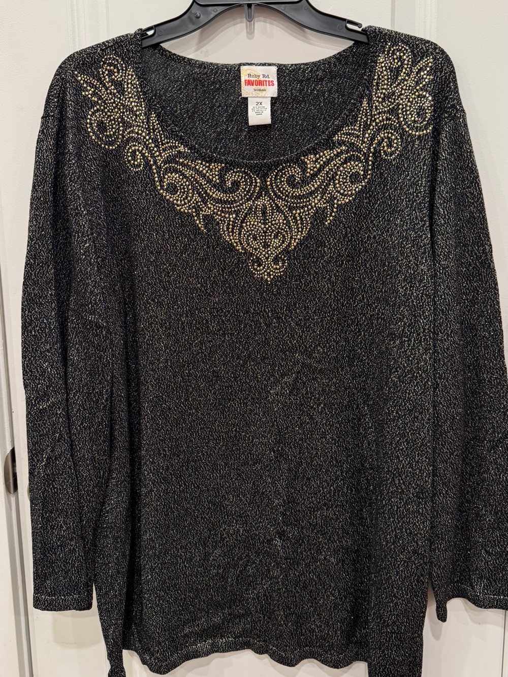 Ruby Rd. Black Metallic Knit Top with Gold Embellished Neckline